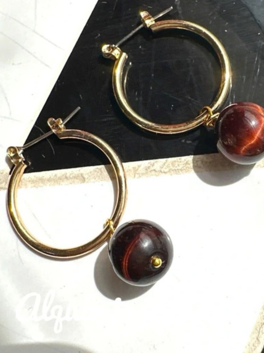 Alquimia Gold Hoop Earrings with Brown Tiger-Eye Bead Drops